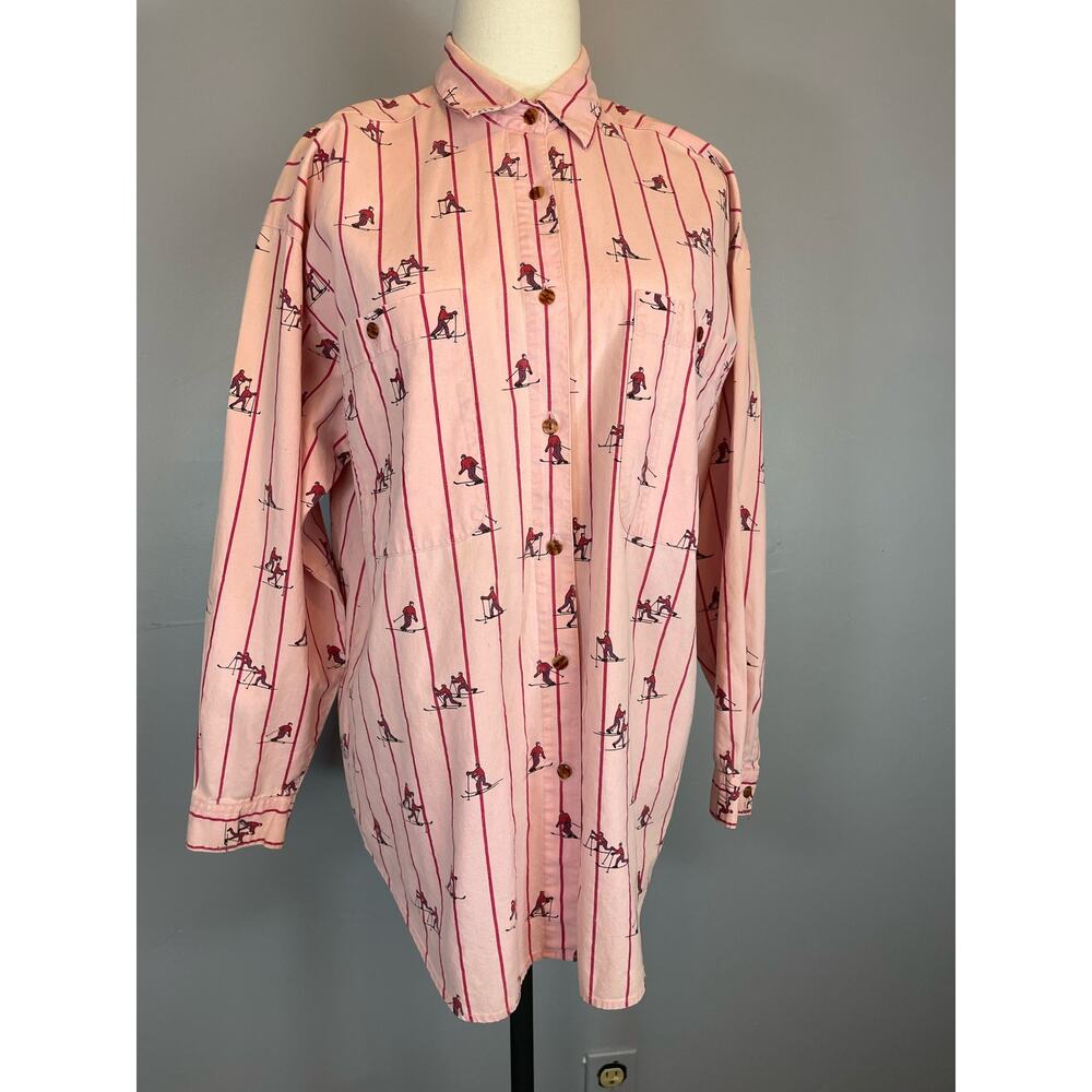 Vtg 1980s Pink Skier Novelty Print Shirt Cotton Med Geoffrey Hunter Preppy Chad